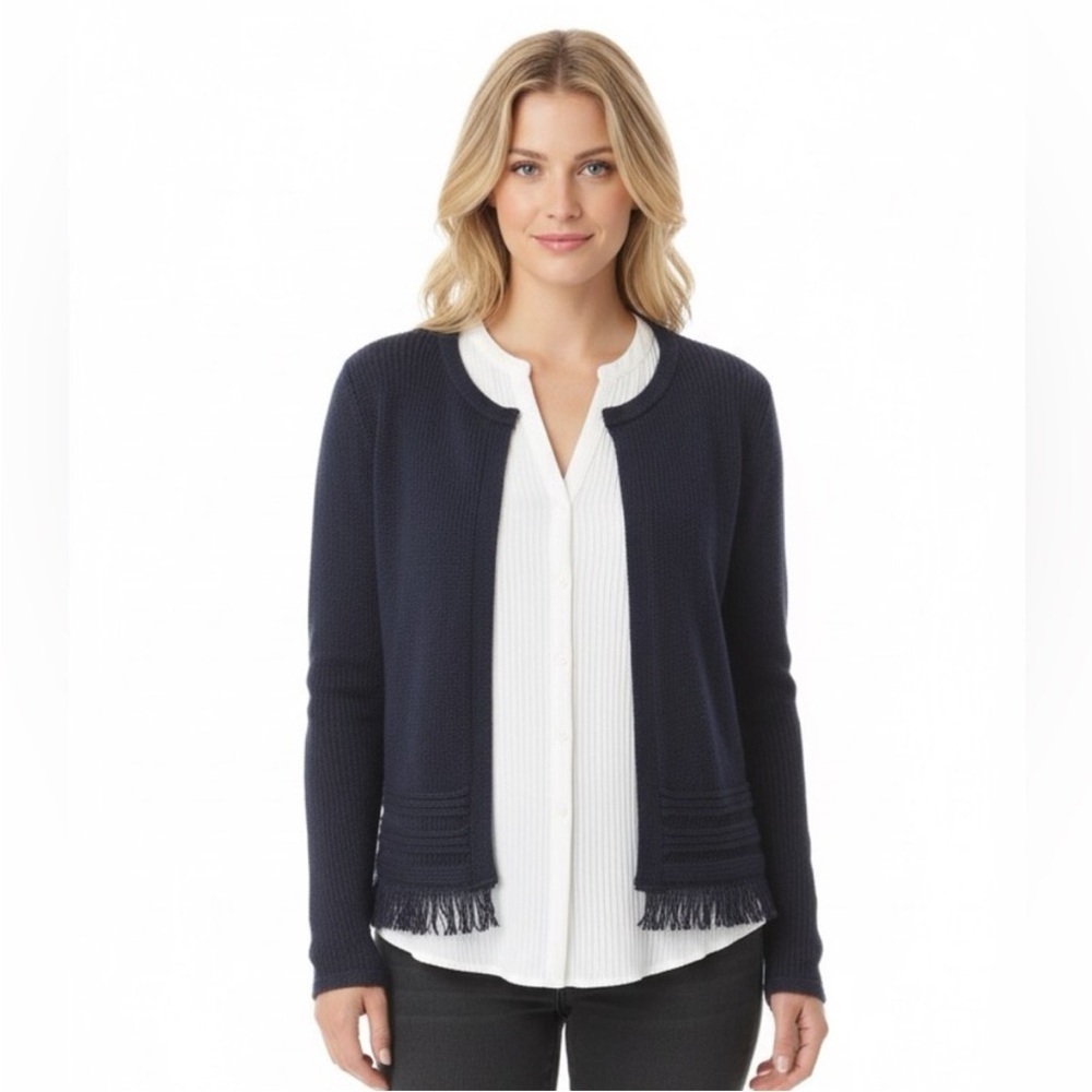 Artisan NY navy blue fringe sweater cardigan NWT